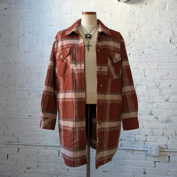 Red Plaid Flannel Jacket Gorpcore Utility Shacket Grunge Boho Chic Earthy Small - Picture 1 of 9